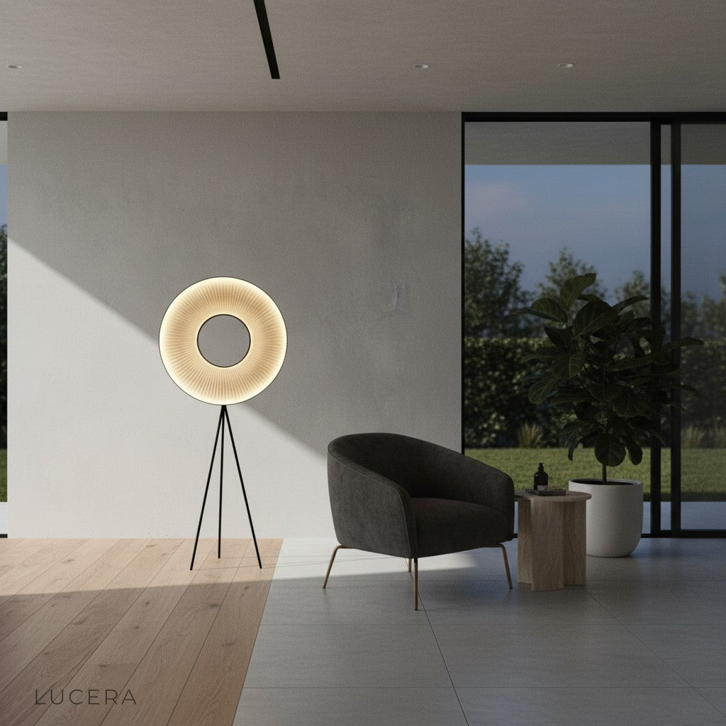 warm glowing Kunzite lamp beside window with sheer curtains in evening setting