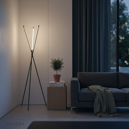 side angle of Iolite post modern lamp with slim silhouette against white wall