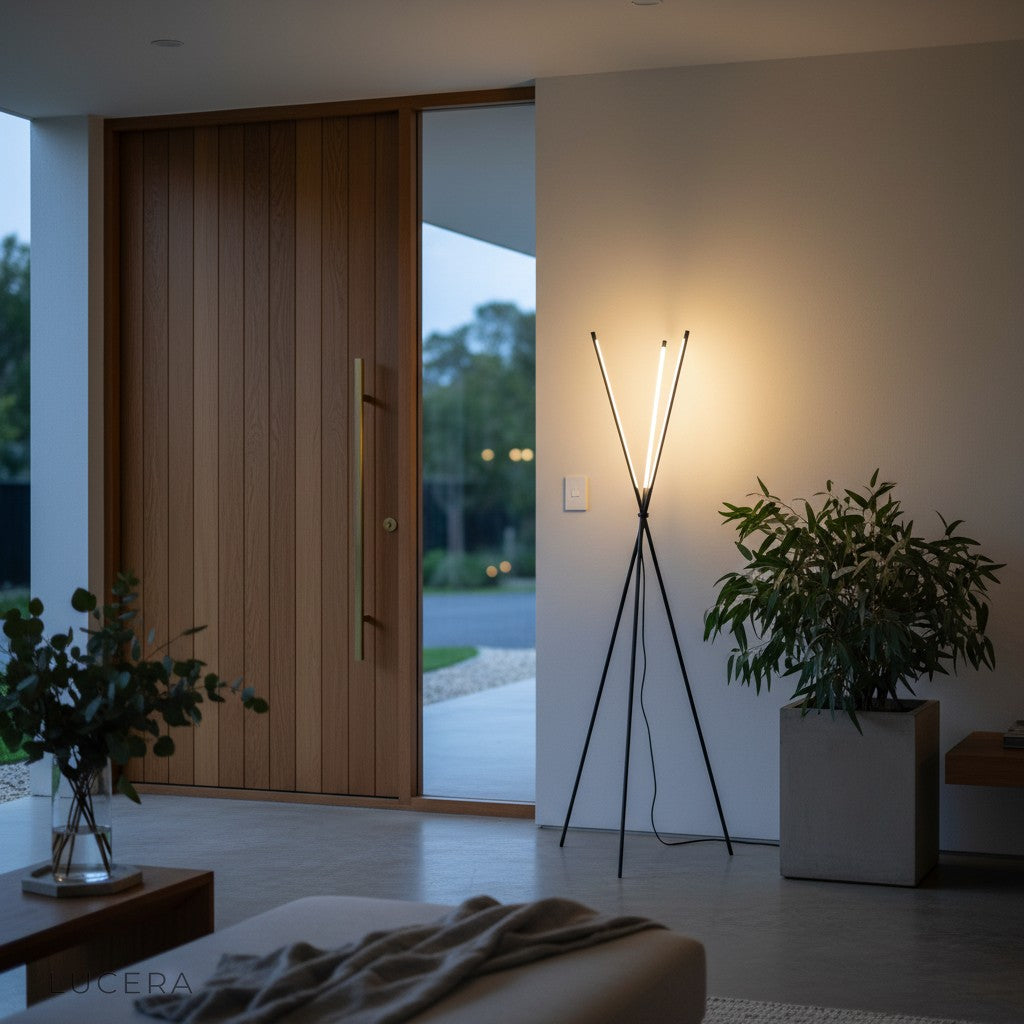 Iolite LED floor lamp with cool neutral light in contemporary office corner
