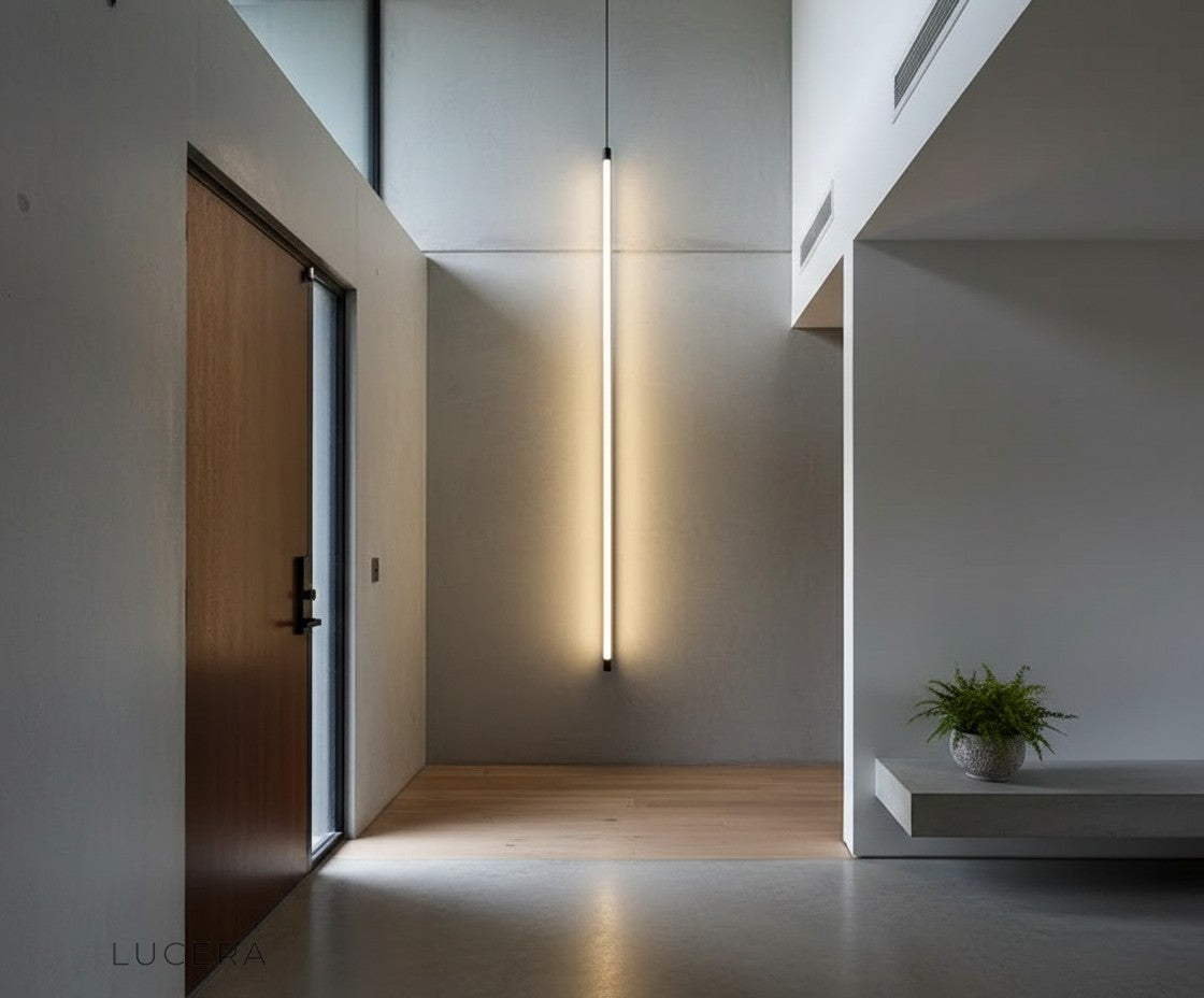 sculptural black LED floor lamp with tripod base in elegant hallway at dusk