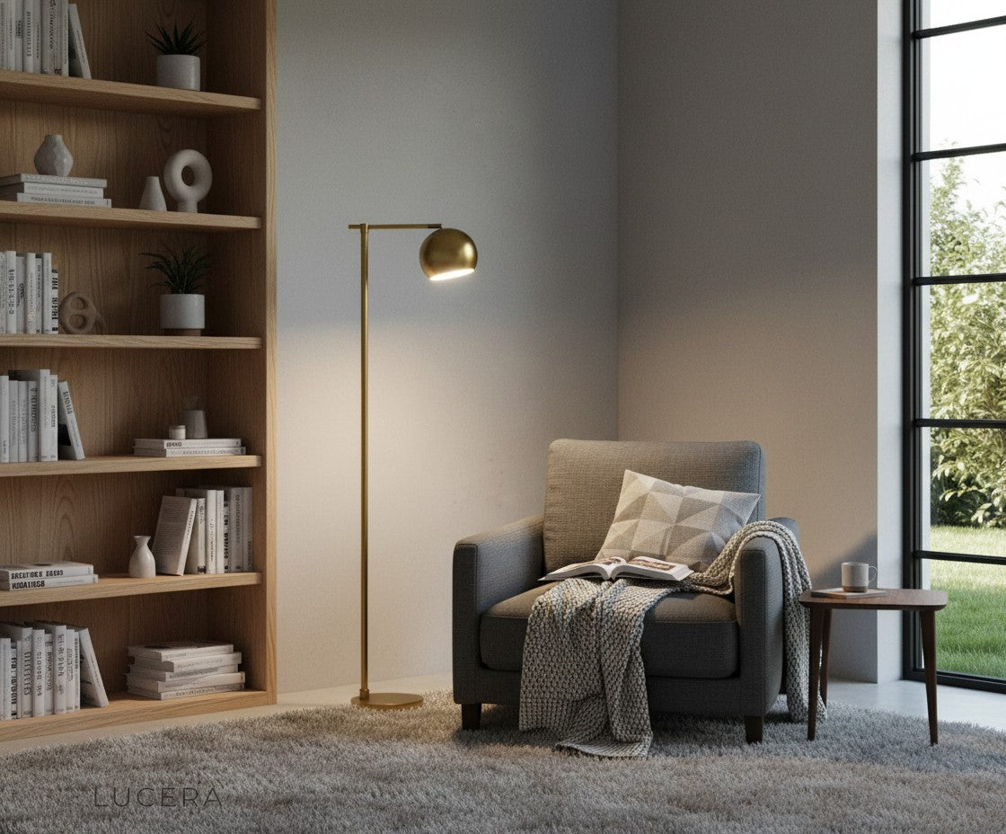 Tanzanite lamp glowing warmly at dusk in stylish home office workspace