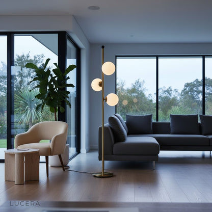 spiral floor lamp casting cool light in minimalist bedroom corner