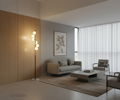 nighttime lifestyle shot of spiral lamp in stylish lounge with warm glow