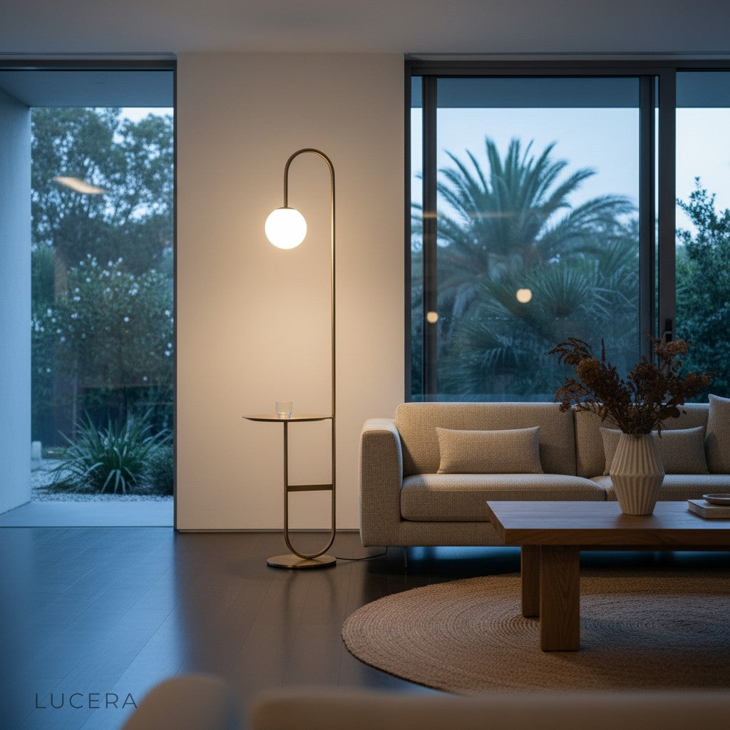 Chrysoprase floor lamp with warm ambient glow illuminating a dark modern bedroom at night