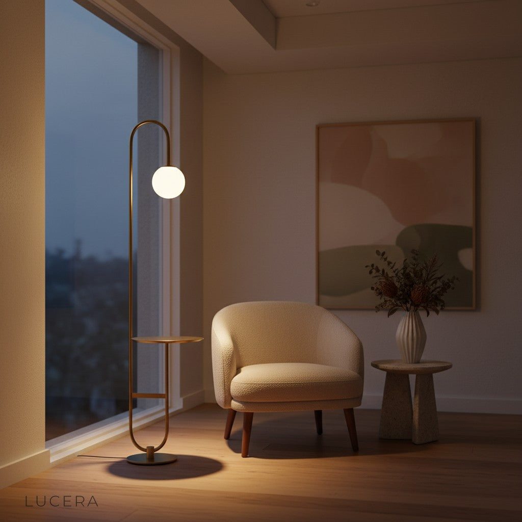 Chrysoprase LED floor lamp with table placed next to a velvet sofa in a stylish lounge setting