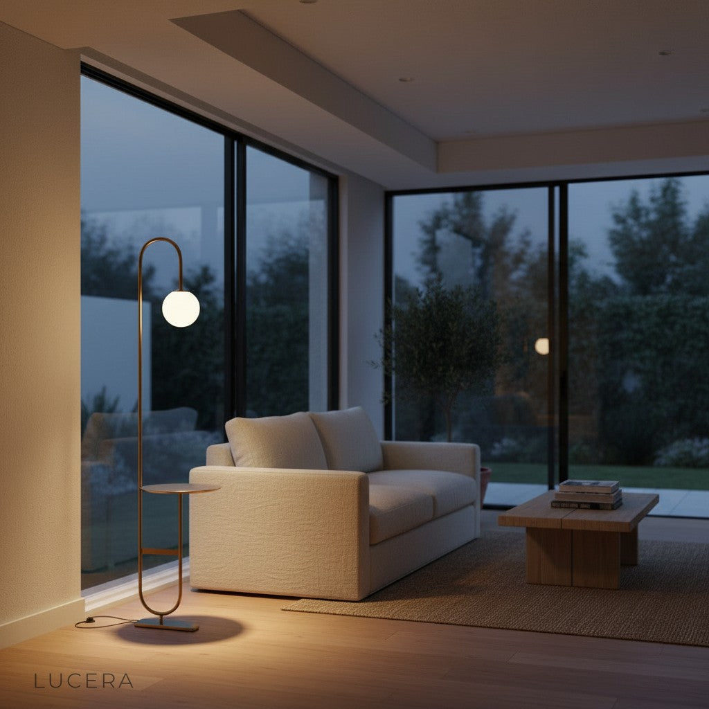 Evening lifestyle shot of the Art Deco floor lamp casting soft light over a dining area with plants