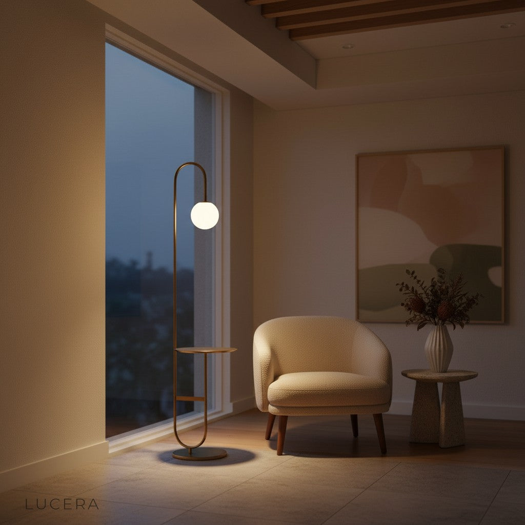 Chrysoprase floor lamp with round table in a chic home office, glowing beside a wooden desk