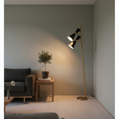 Cool white light from Nordic lamp illuminating a cozy reading nook with neutral decor