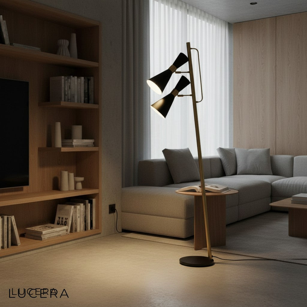 Floor lamp glowing warmly at dusk in a Scandinavian-style bedroom with wooden accents