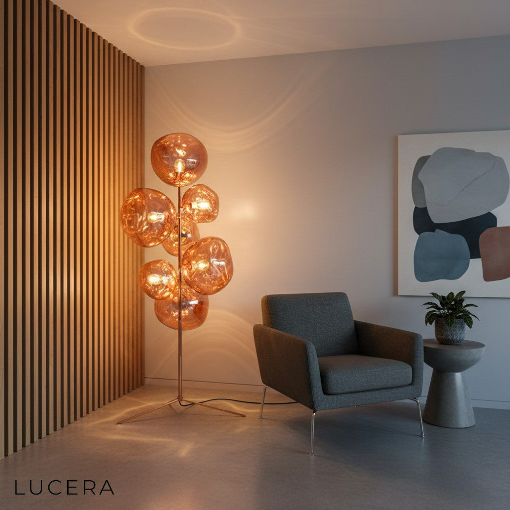 Moonstone Freiburg floor lamp casting ambient glow in dim contemporary lounge
