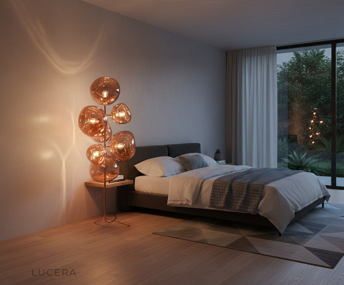 nighttime lifestyle shot of lava stone LED lamp illuminating elegant hallway