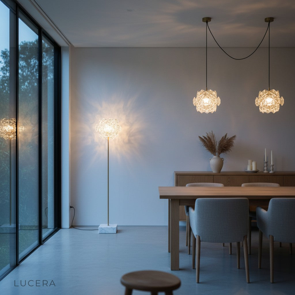 sunstone crystal floor lamp illuminating dark marble base in elegant evening bedroom