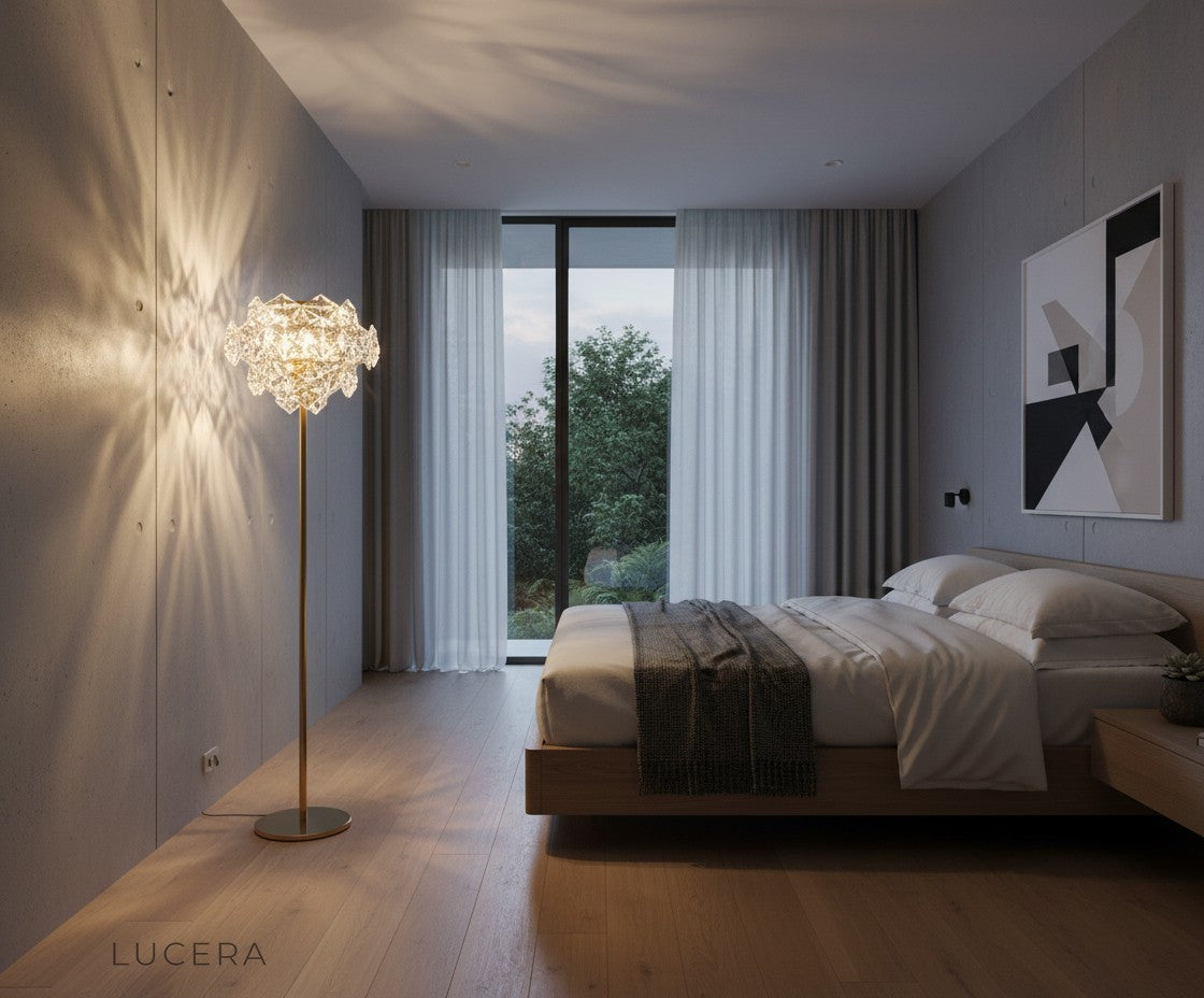 ambient night shot of marble floor lamp with soft glow in luxury hotel-style hallway