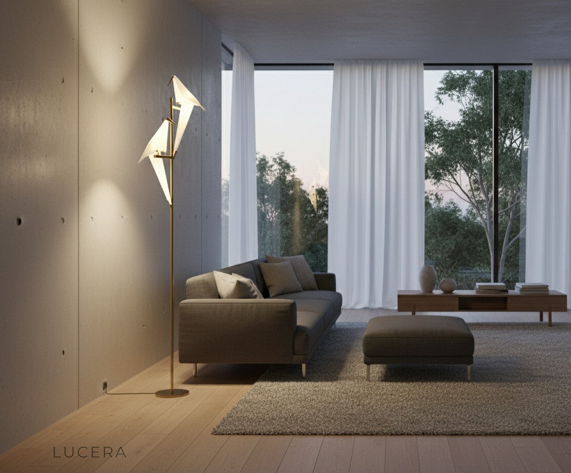 artistic lifestyle view of parrot floor lamp near a window with sheer curtains and plants
