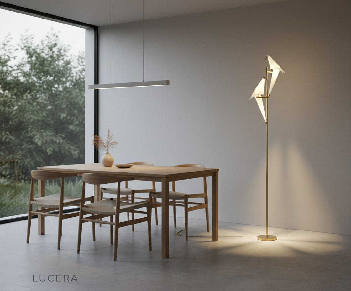 sugilite parrot-shaped lamp highlighting a gallery wall in an eclectic living space
