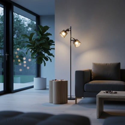 double head floor lamp with one light directed upward and one downward for layered lighting