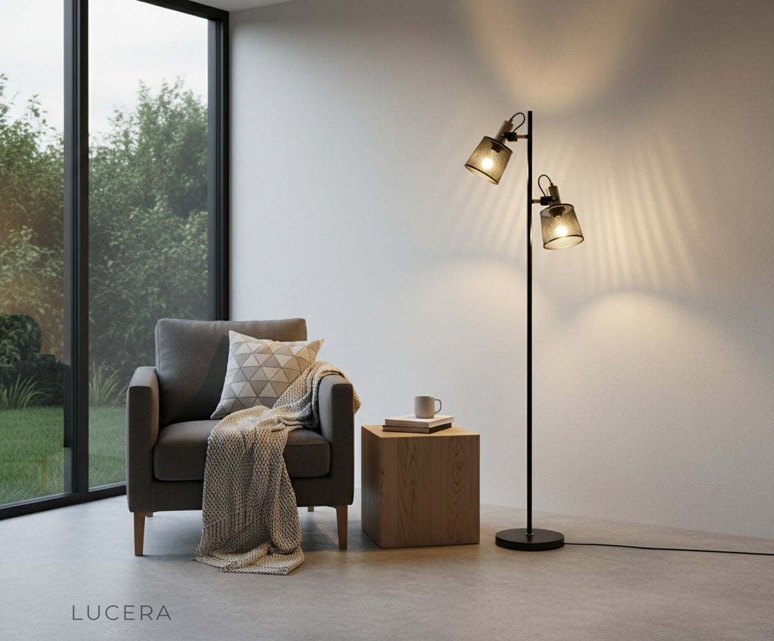 adjustable floor lamp with both heads facing same direction for focused reading light