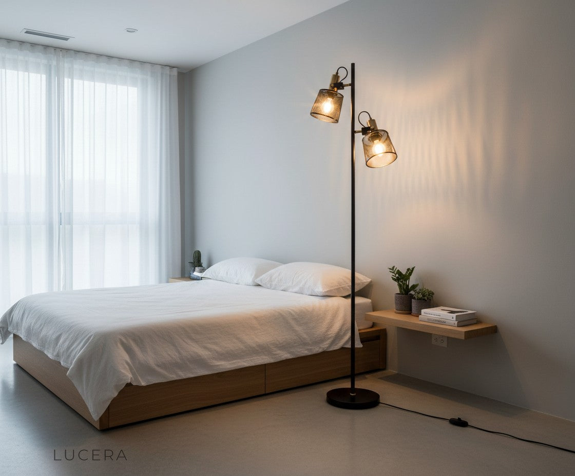 Lucera double head LED lamp in minimalist living space with soft evening shadows