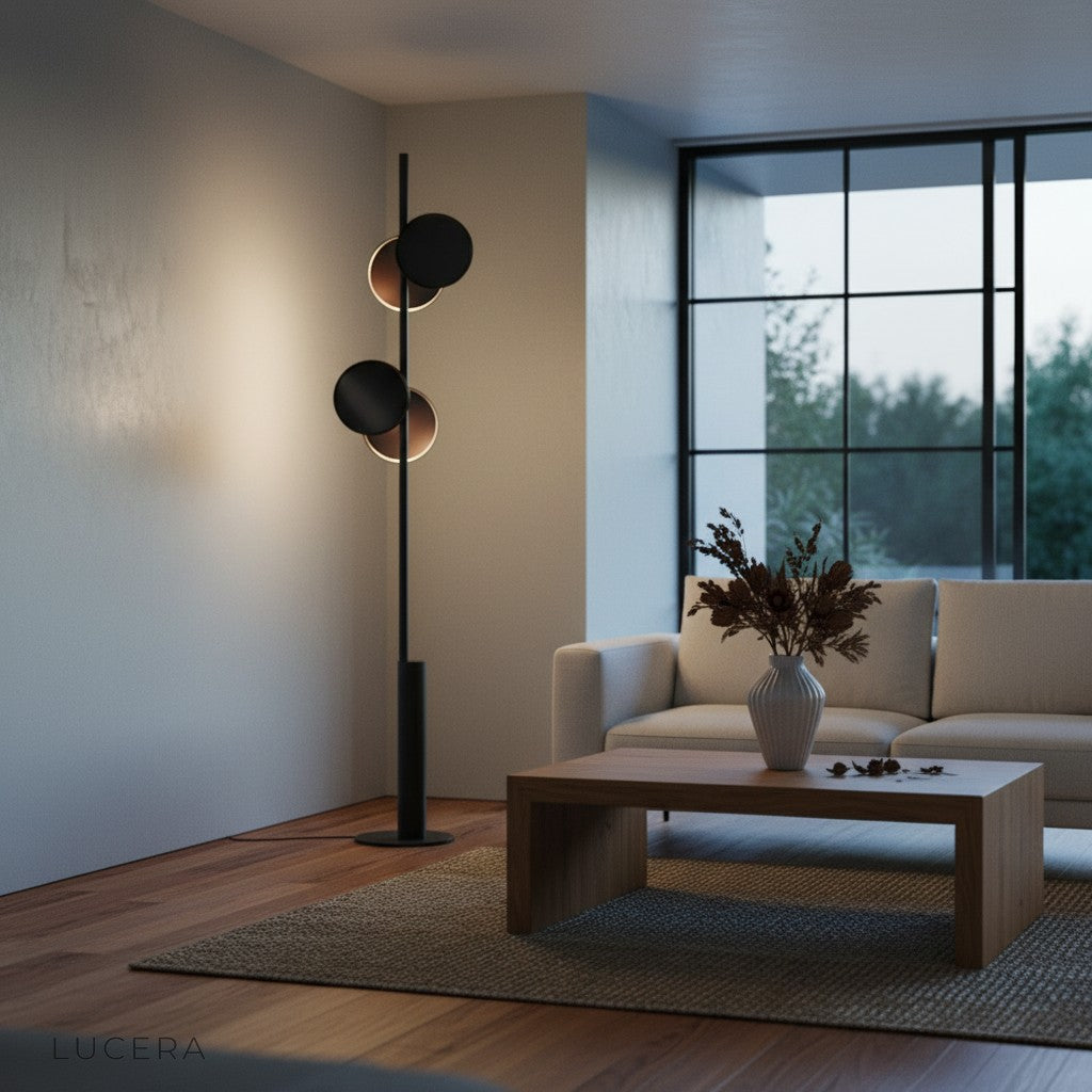 Freienbach lamp warm light illuminating reading corner with armchair and side table