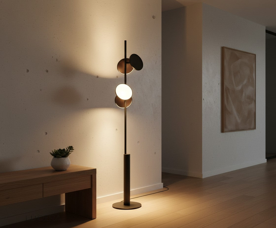Scarlet Freienbach floor lamp in dark room creating cozy atmosphere for evening relaxation