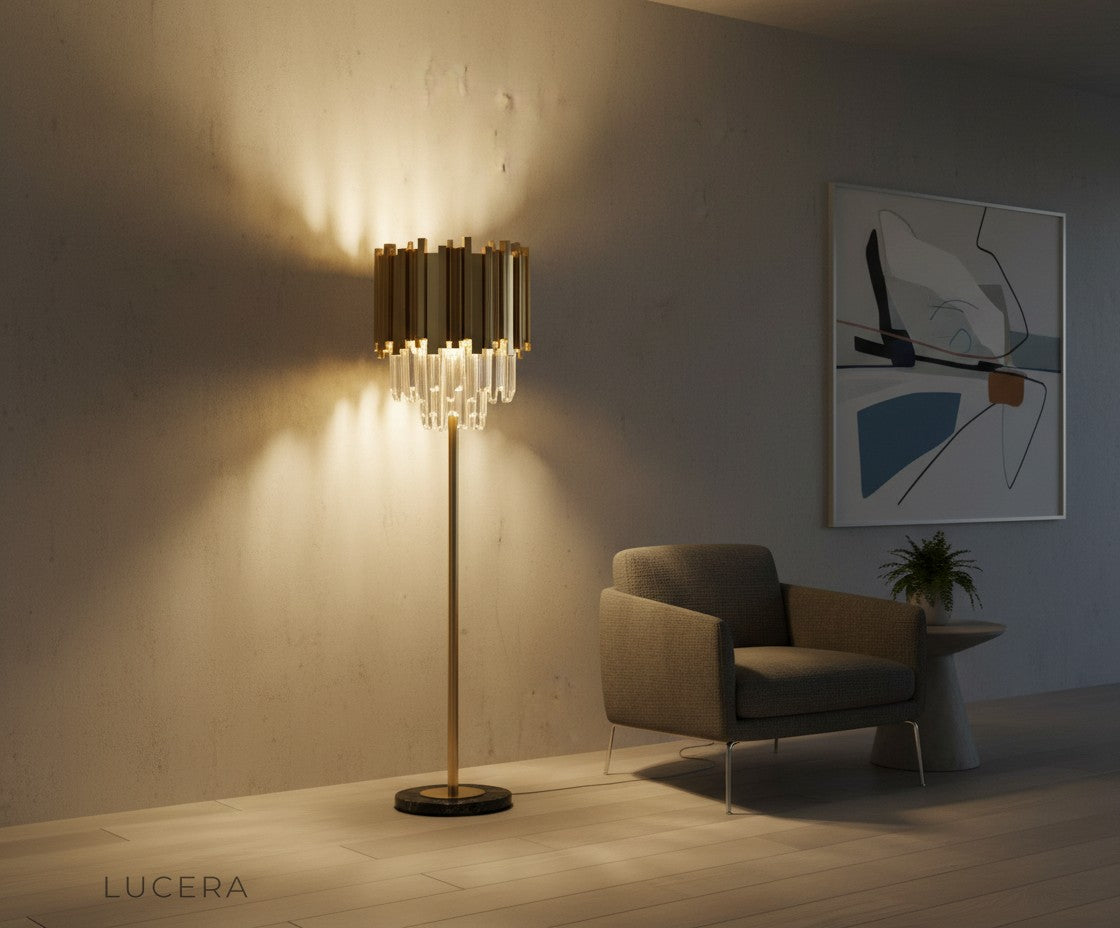 gold stainless steel floor lamp with blue crystals in minimalist bedroom at dusk