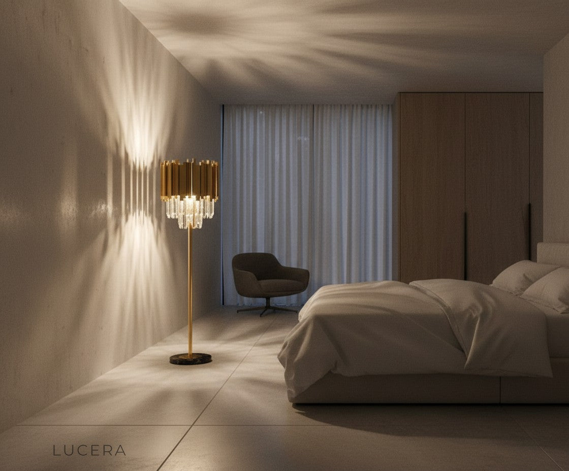 sculptural cobalt crystal floor lamp glowing in dark contemporary hallway