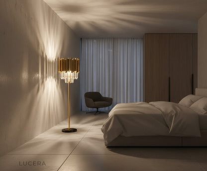 sculptural cobalt crystal floor lamp glowing in dark contemporary hallway