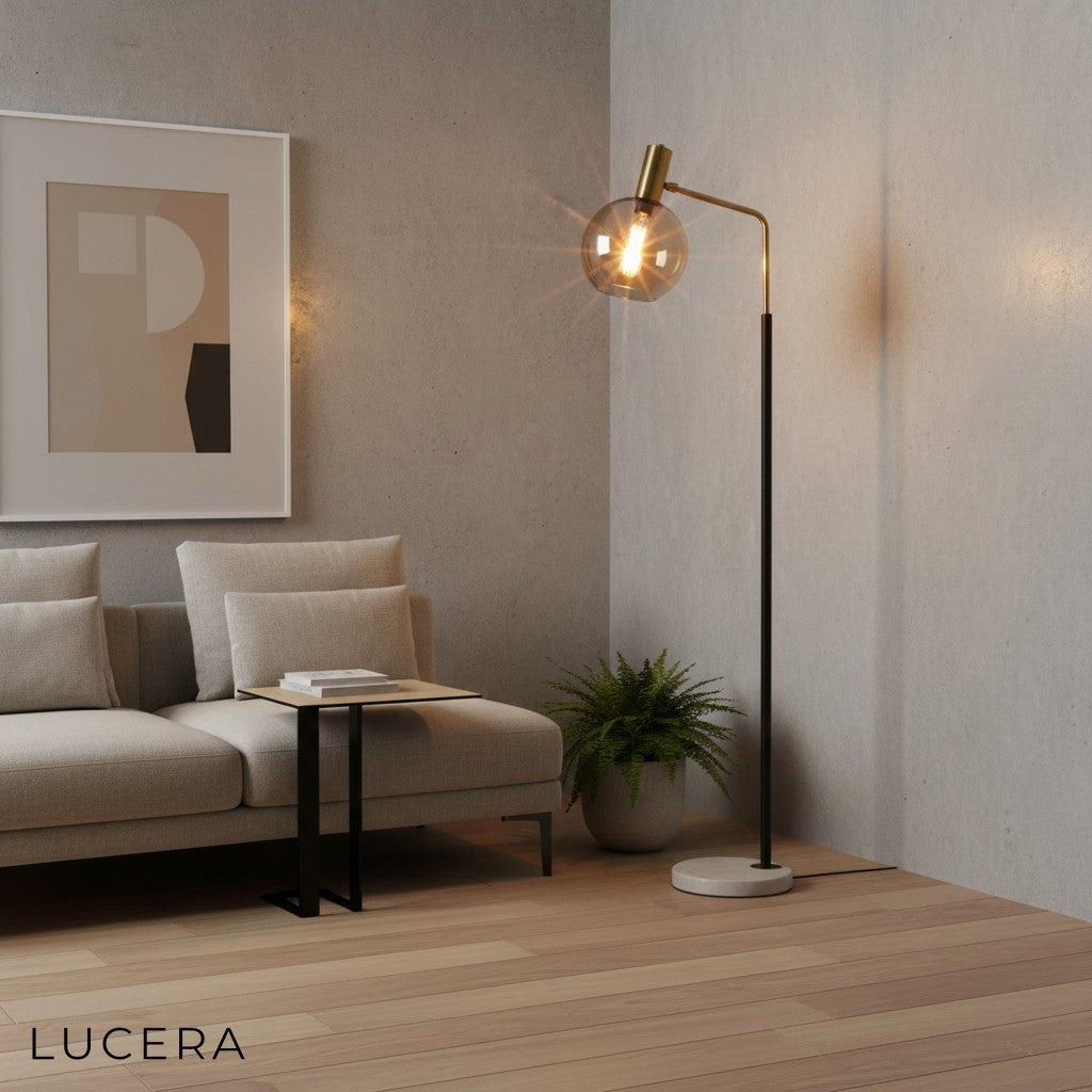 Geneva floor lamp glowing at dusk near large window