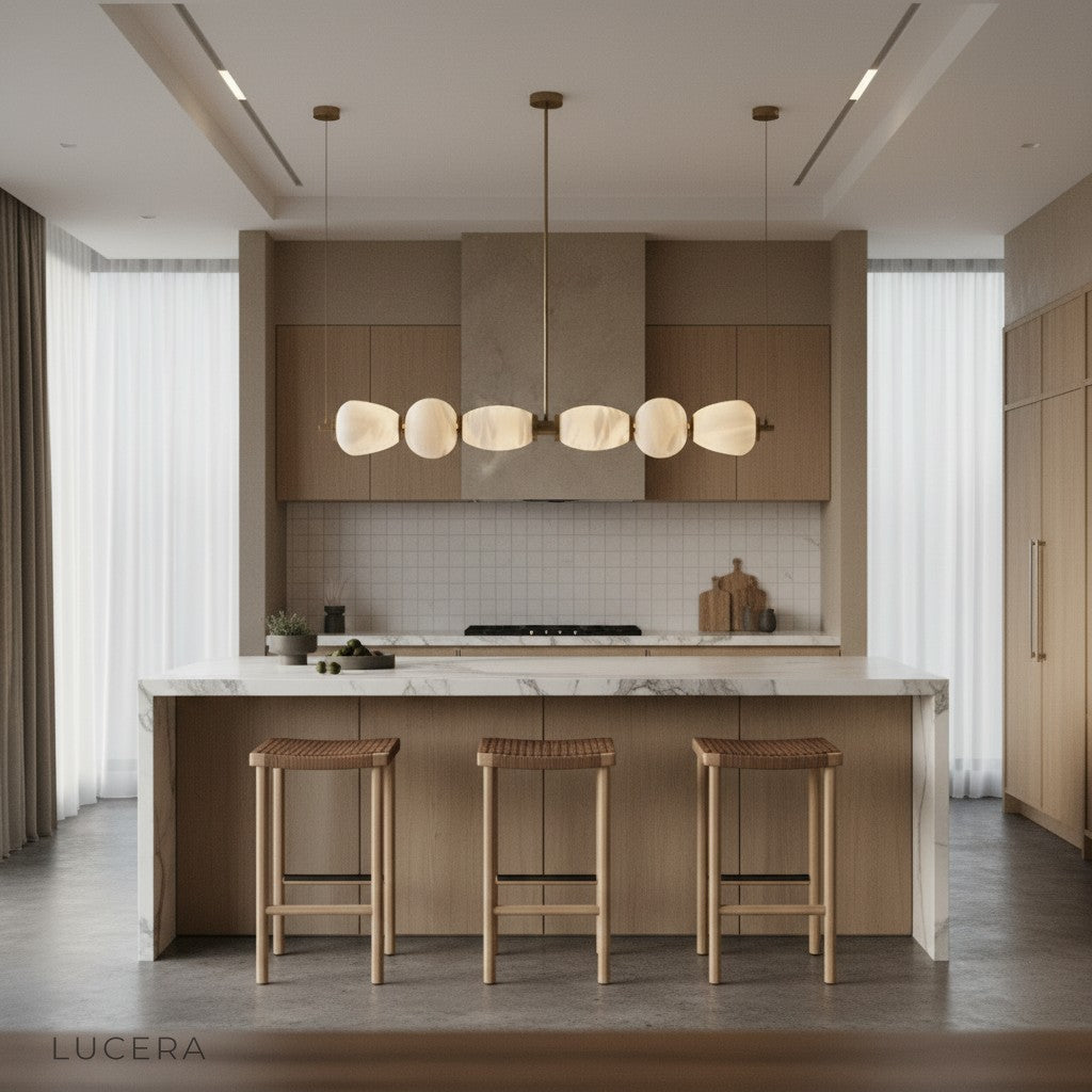 linear marble chandelier suspended above rustic wooden dining table with soft daylight