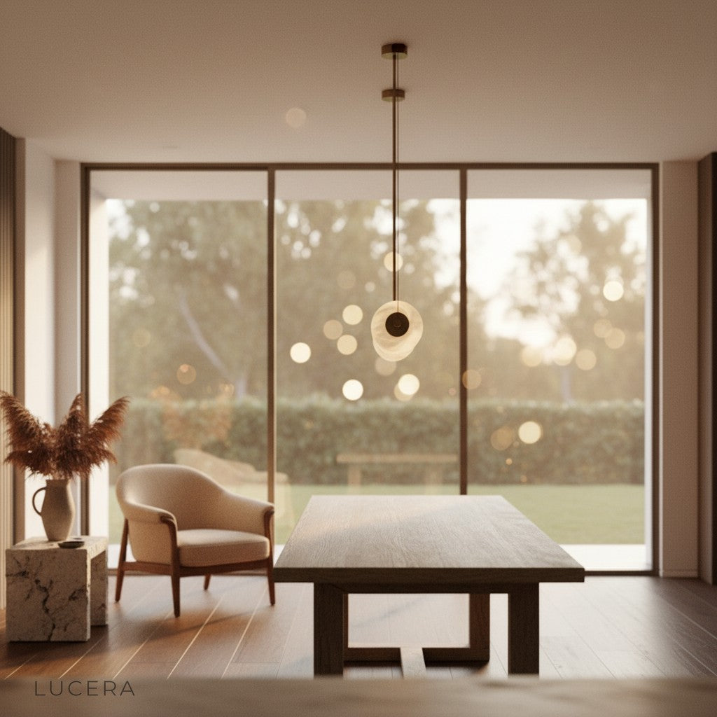 ochre marble chandelier in contemporary living room with beige sofa and brass accents