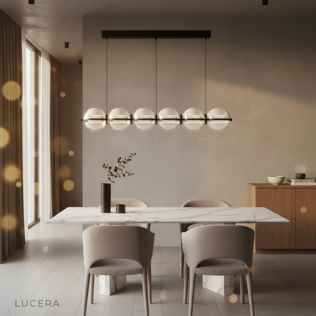 Lucera linear pendant light with soft ambient light in cozy dining nook