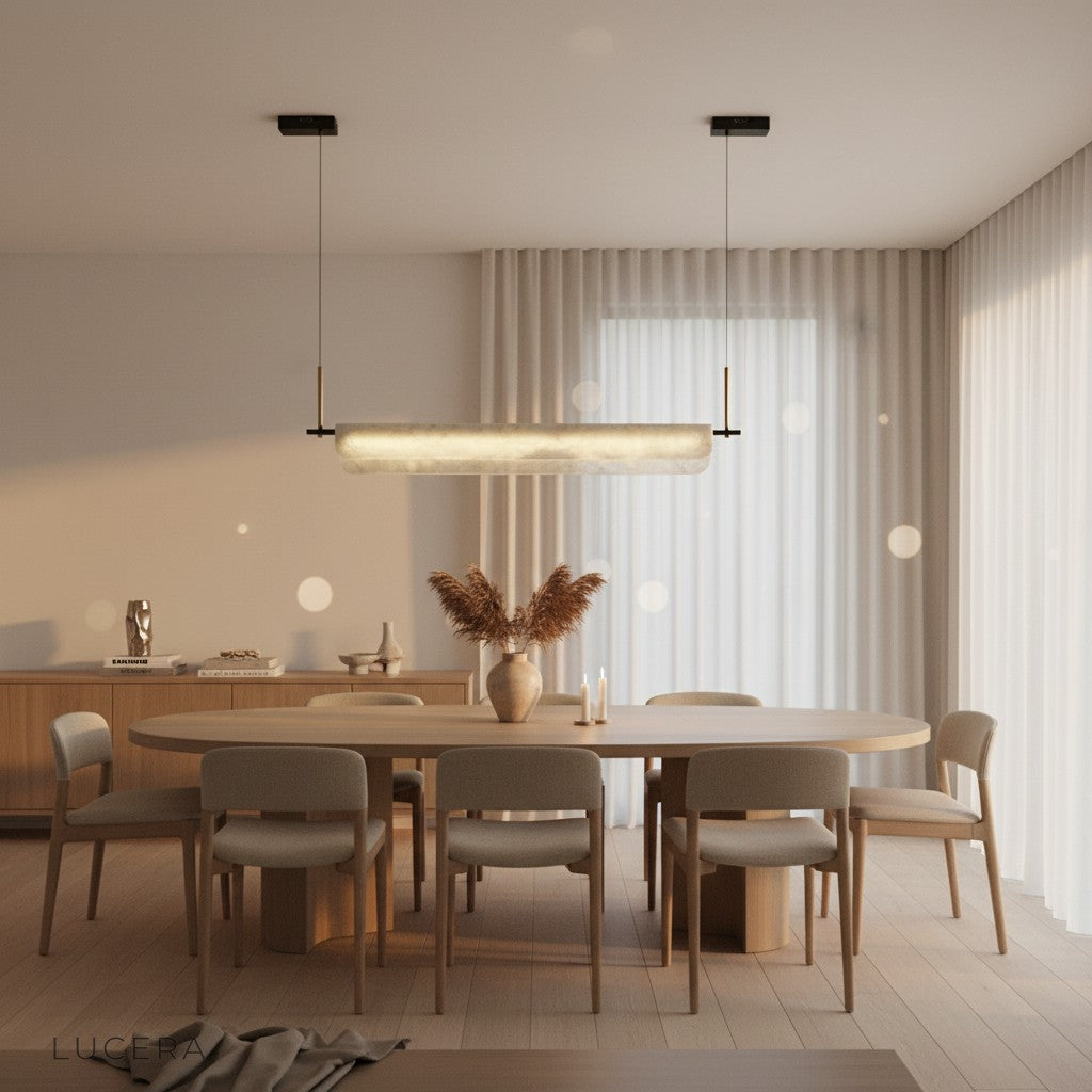 Side profile of the linear pendant light showing slim brass frame and marble panel alignment