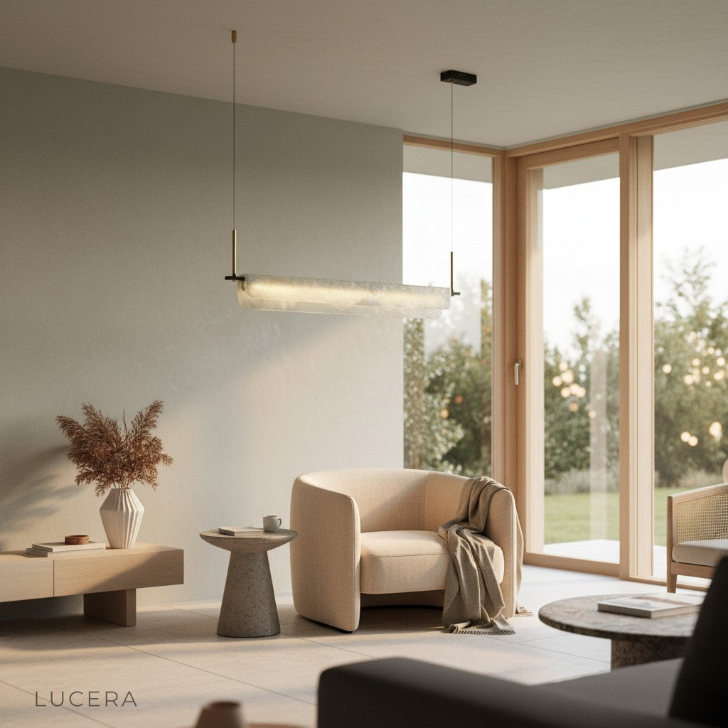 Dusk ambiance shot of the linear brass pendant light glowing against dark marble wall