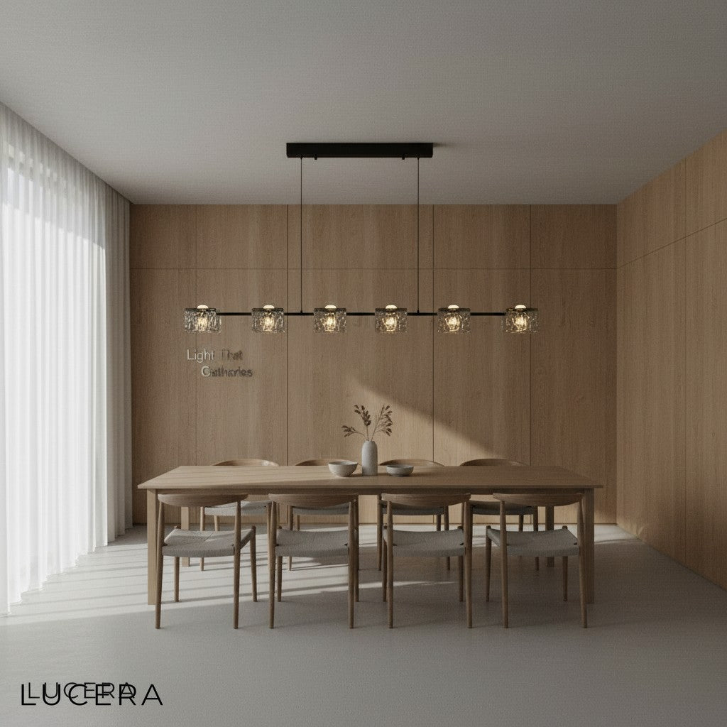 Cinnabar chandelier at dusk with textured glass casting patterned light on neutral walls