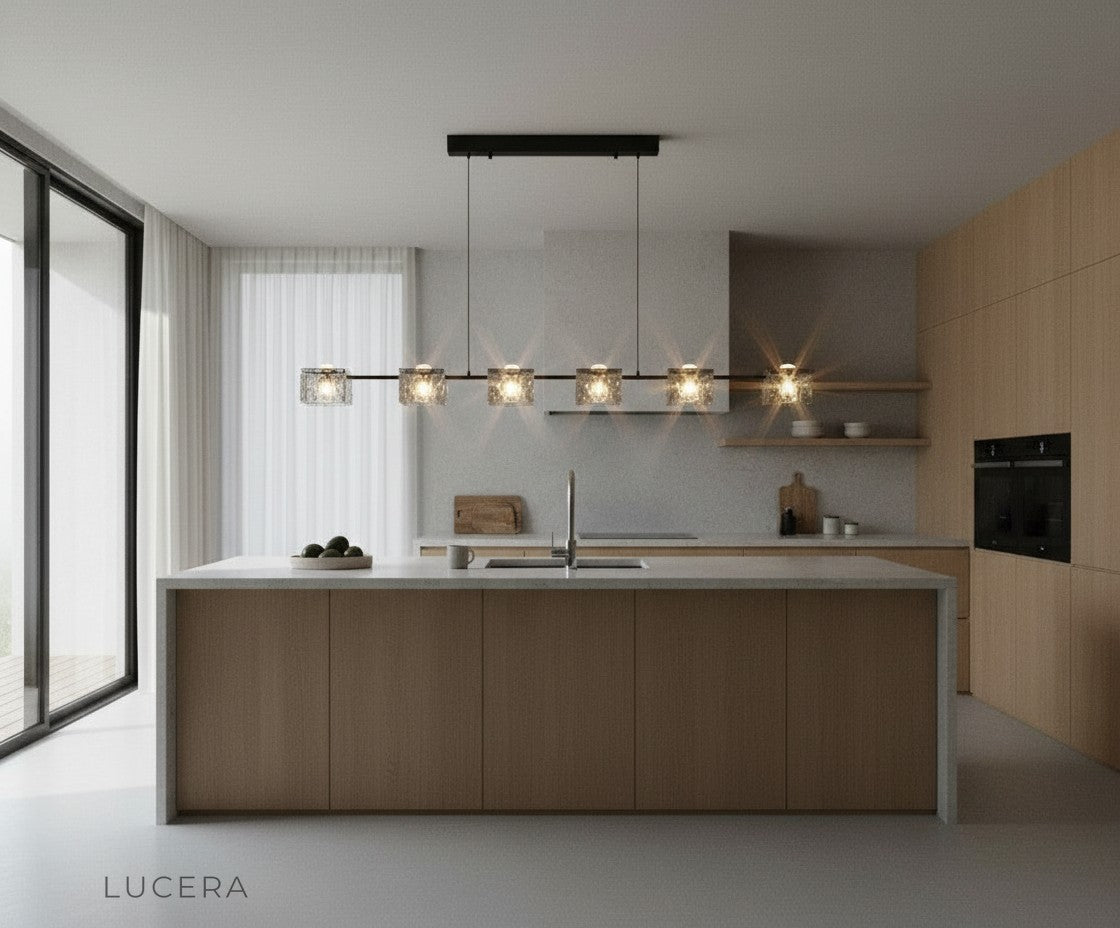 Copper chandelier with textured glass shades above a cozy breakfast nook with natural light