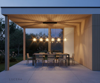 Cinnabar copper chandelier glowing in a dim, elegant bedroom with soft shadows on ceiling