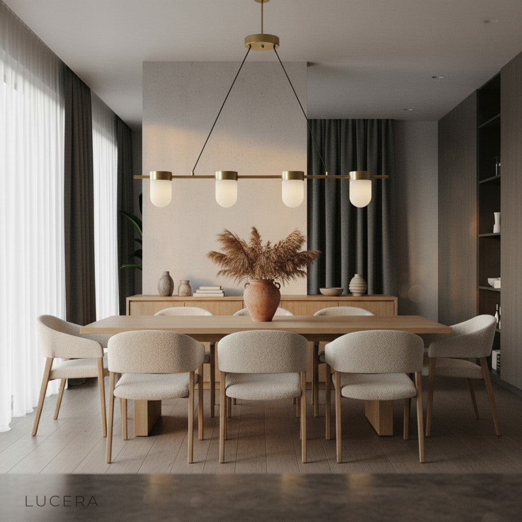 Celadon linear chandelier illuminated at dusk in cozy bedroom with ambient lighting