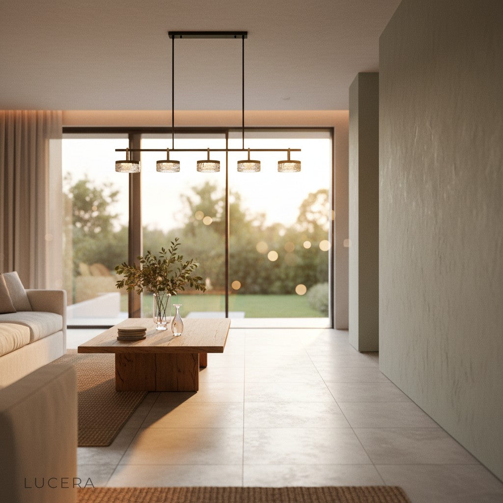 Linear chandelier illuminating minimalist dining table in bright daytime setting