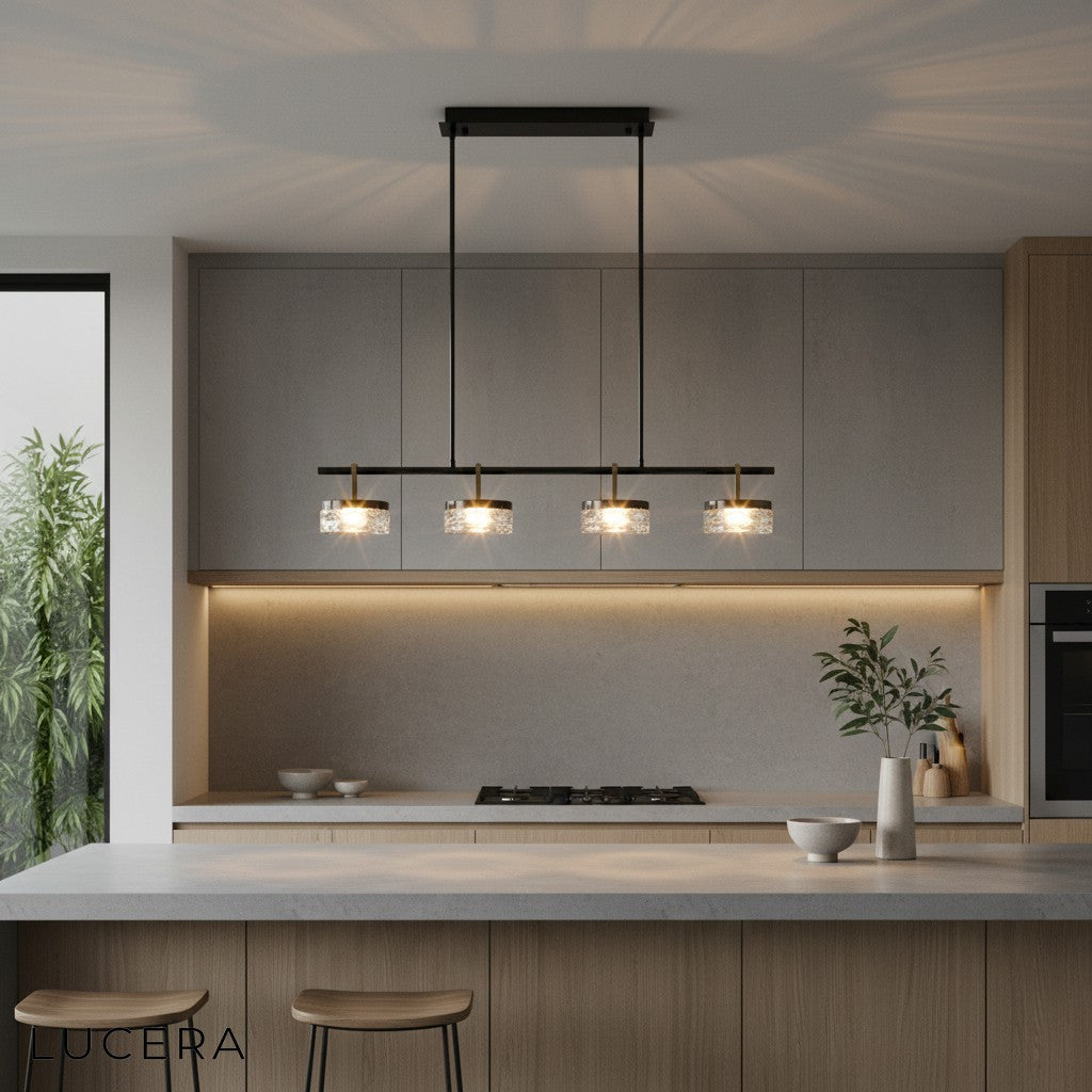 Nighttime lifestyle shot of linear LED chandelier in cozy modern living room