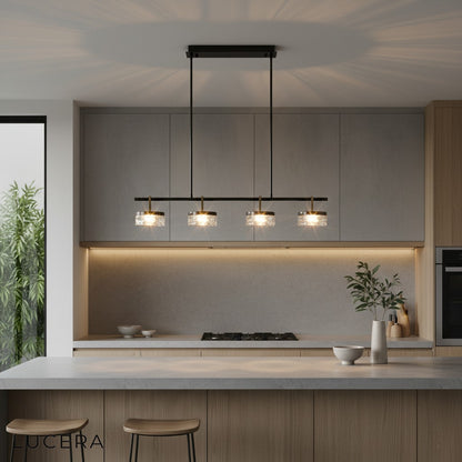 Nighttime lifestyle shot of linear LED chandelier in cozy modern living room