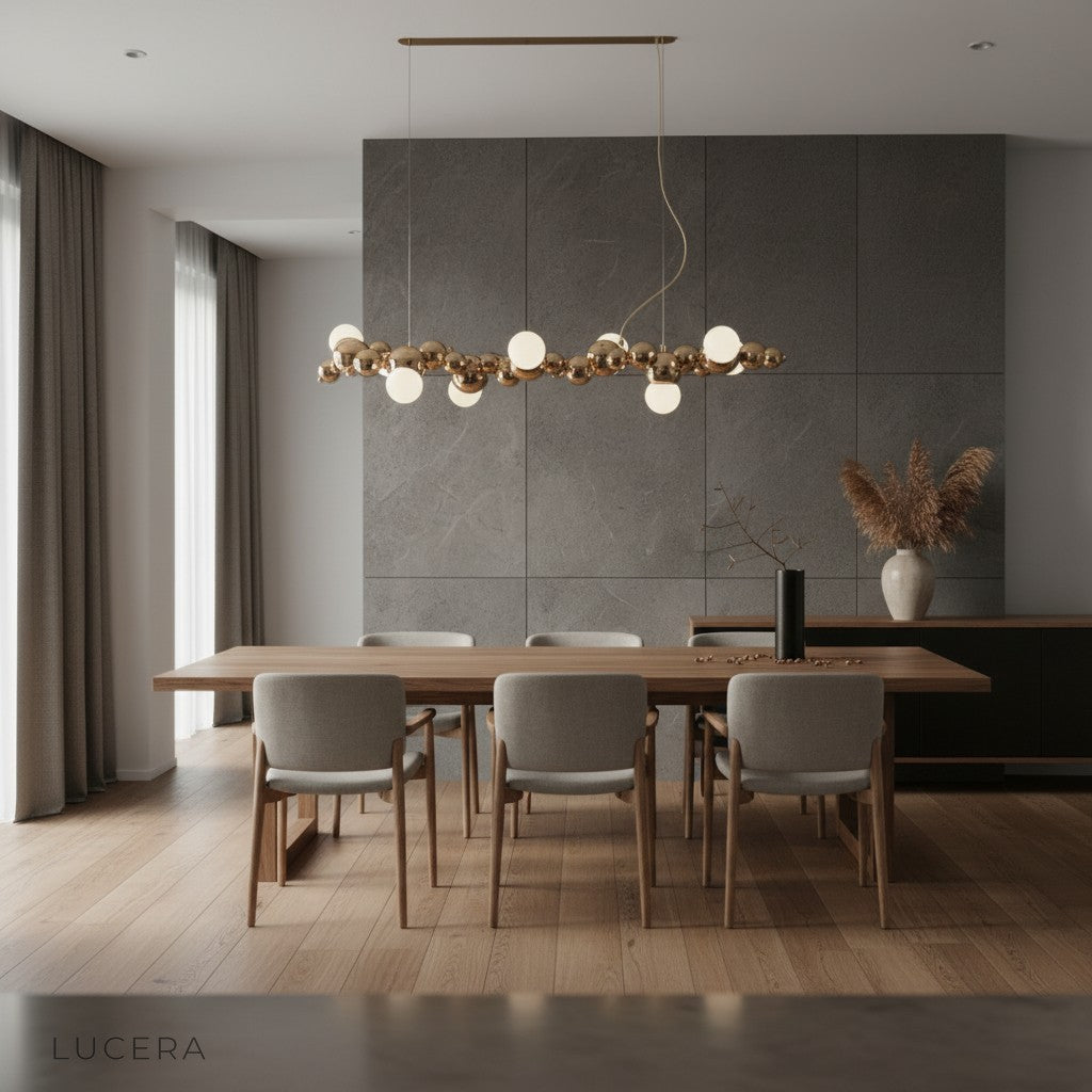 overhead angle of bubble glass shades casting patterned light on dark wood dining surface