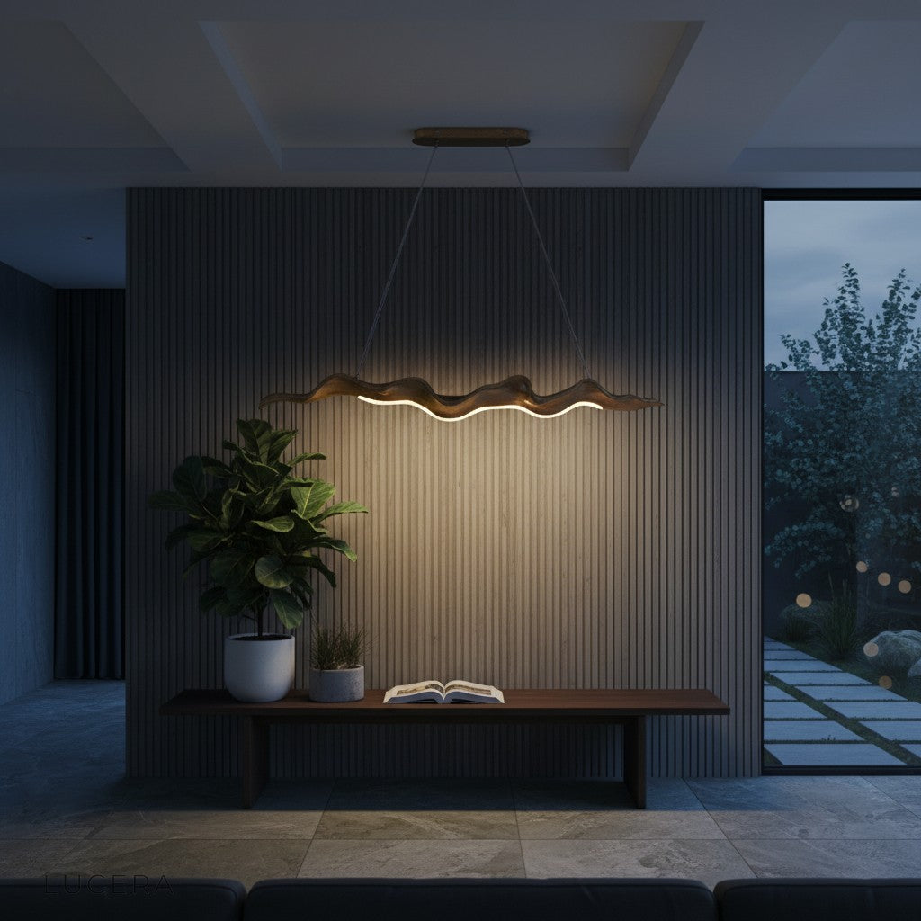 sculptural gold chandelier in stairwell with double-height ceiling