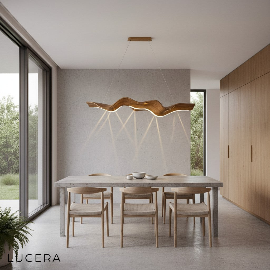 champagne gold finish chandelier paired with wooden furniture in rustic-modern room
