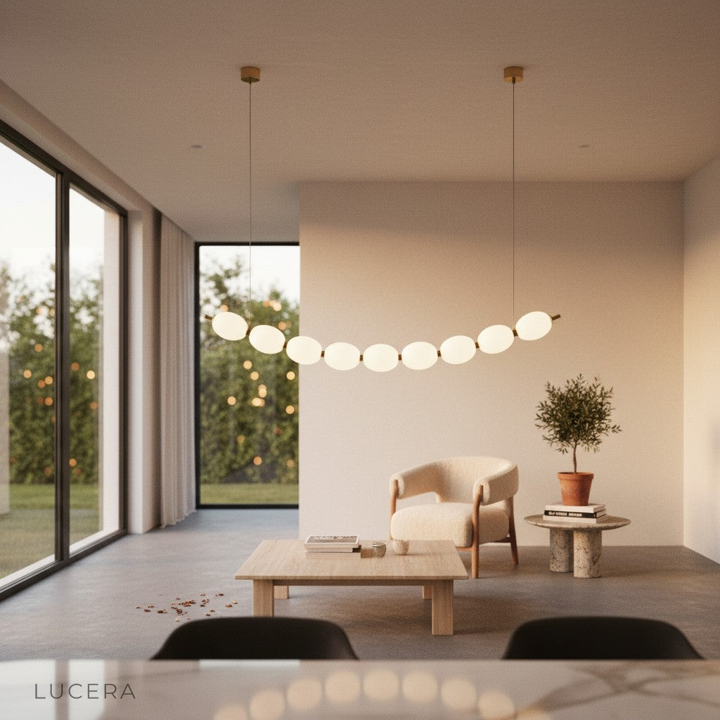 Side angle studio shot of Lucera chrome LED chandelier showing layered orb cascade and slim profile