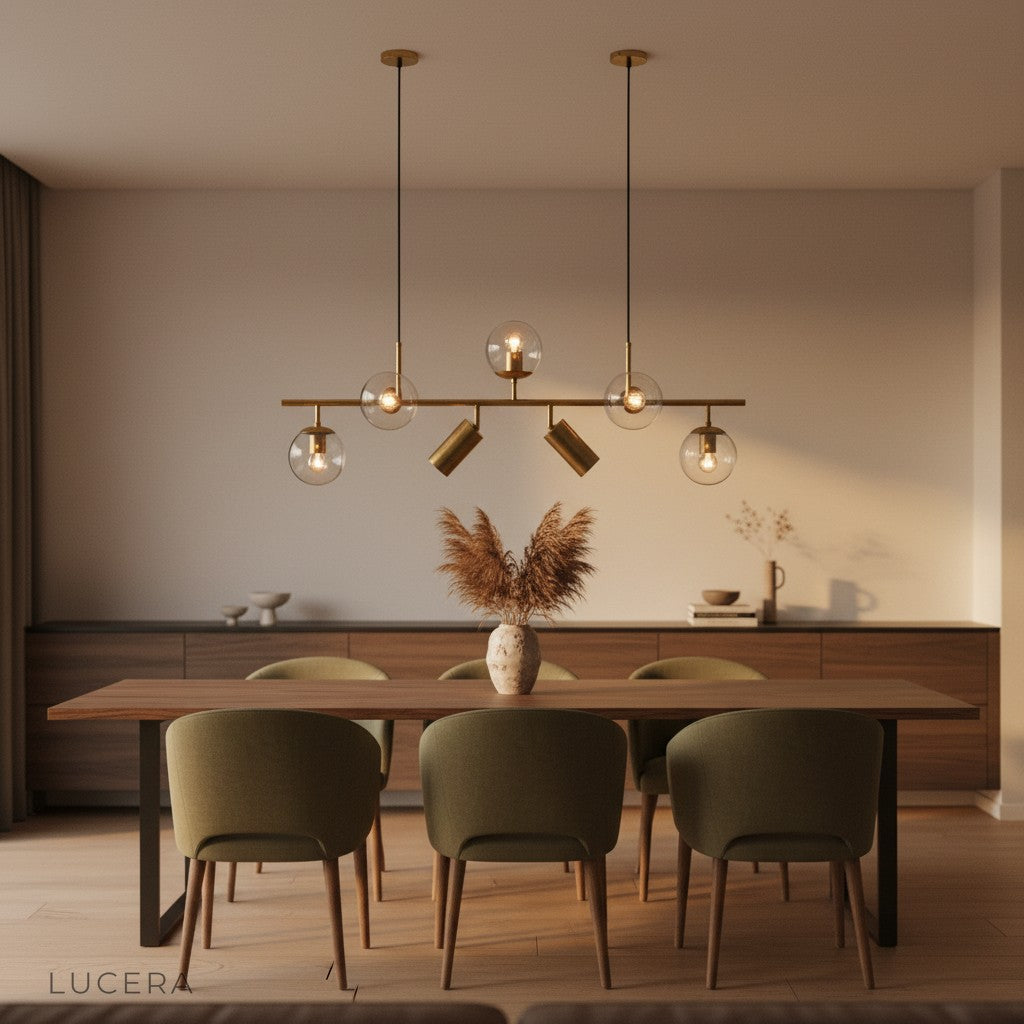 warm ambient light from citrine chandelier casting glow on neutral wall