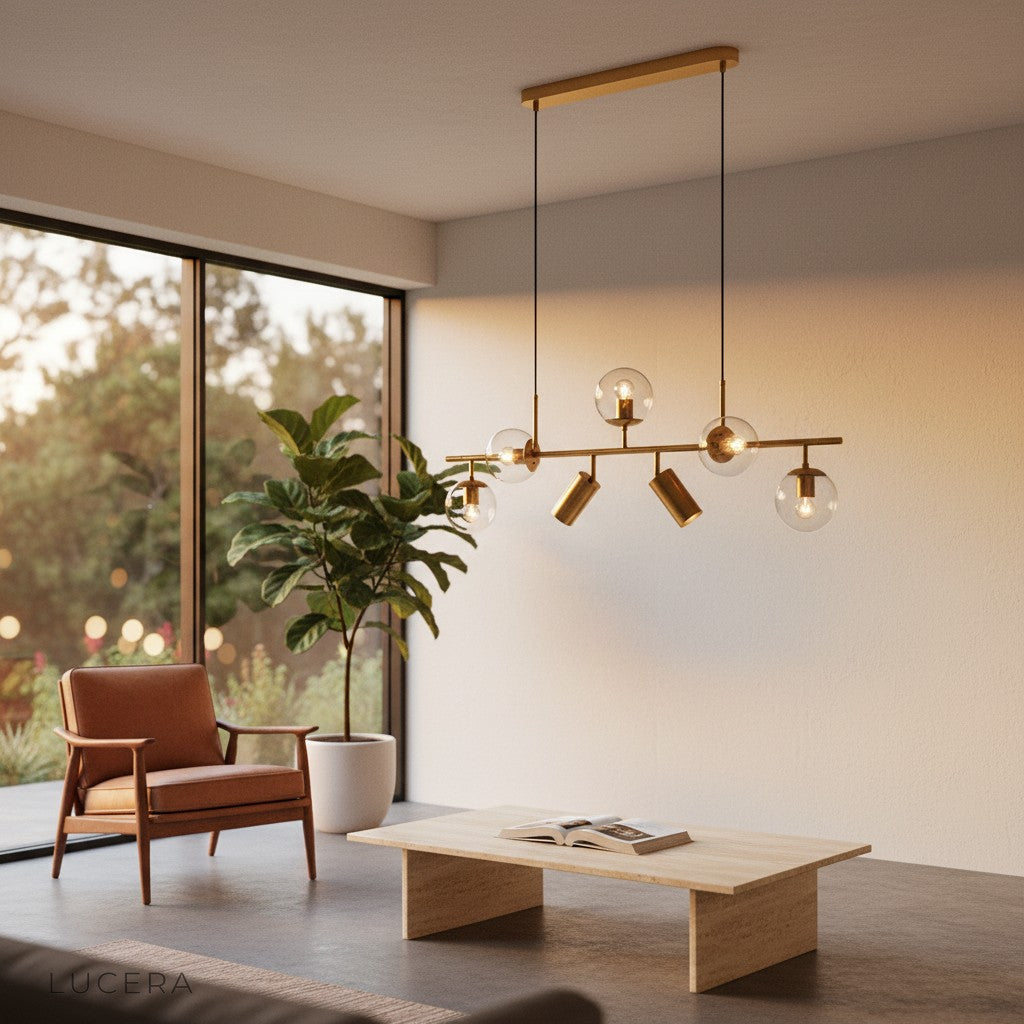 chandelier with glass balls over kitchen island in contemporary home