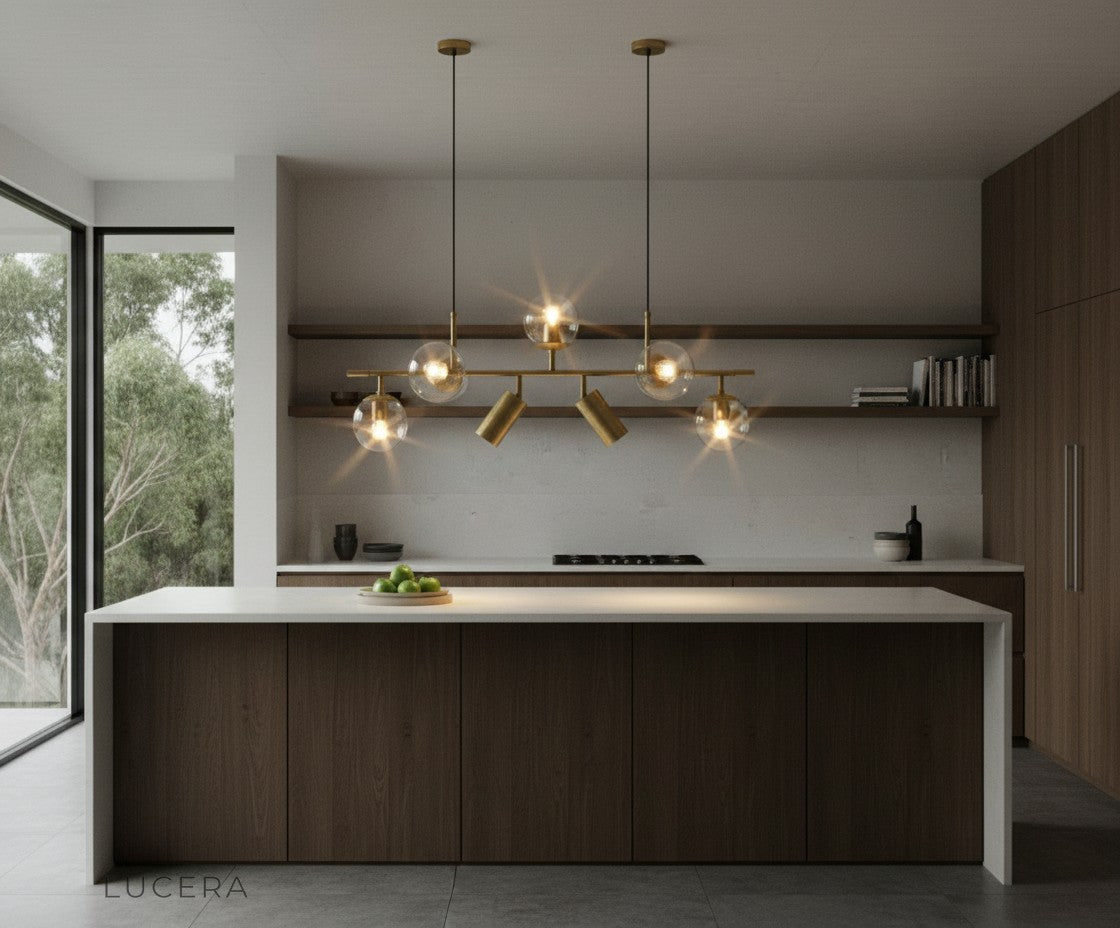 citrine chandelier with glass balls in bright sunlit reading nook with plants