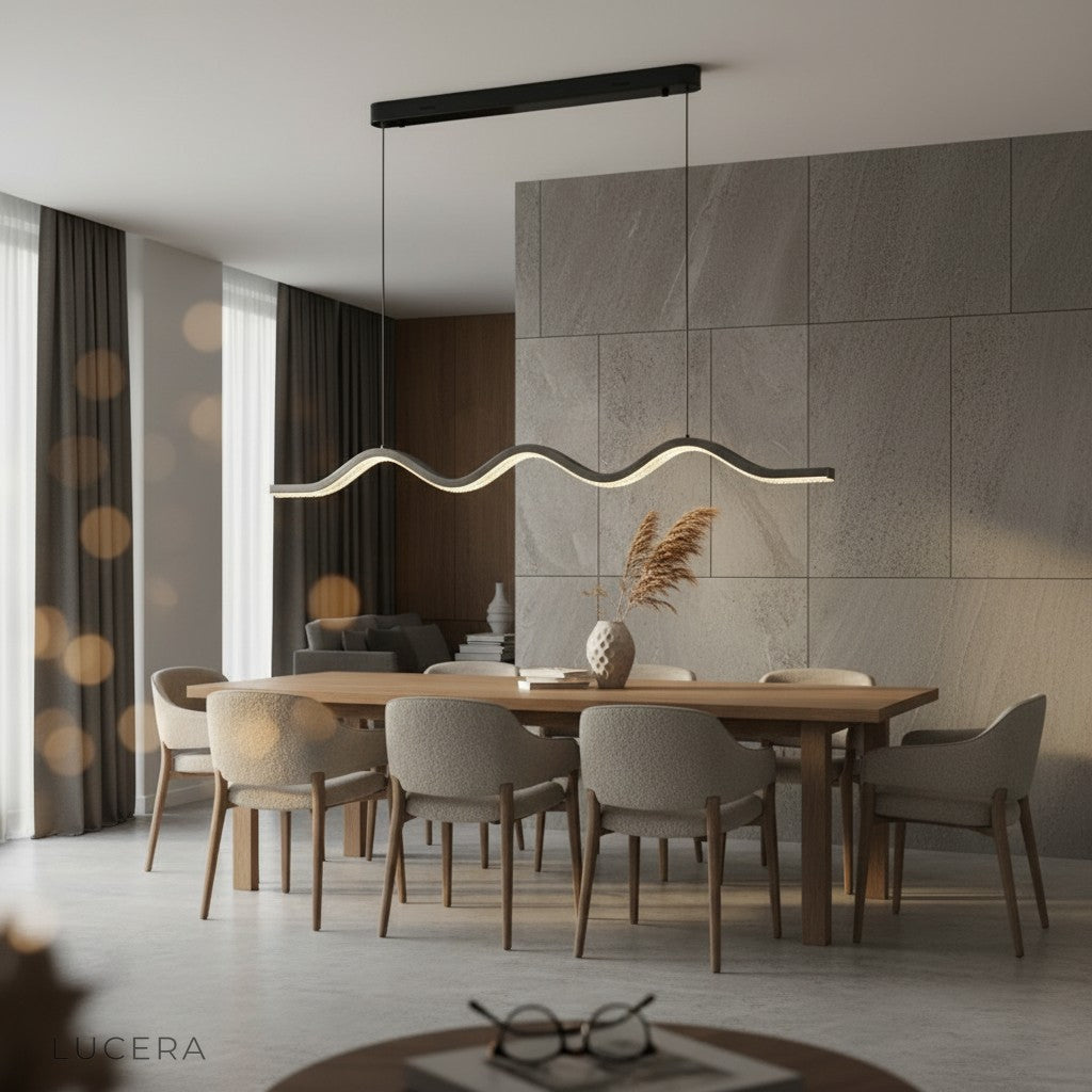 Cordovan wave chandelier in cozy bedroom corner casting warm light on wall and ceiling