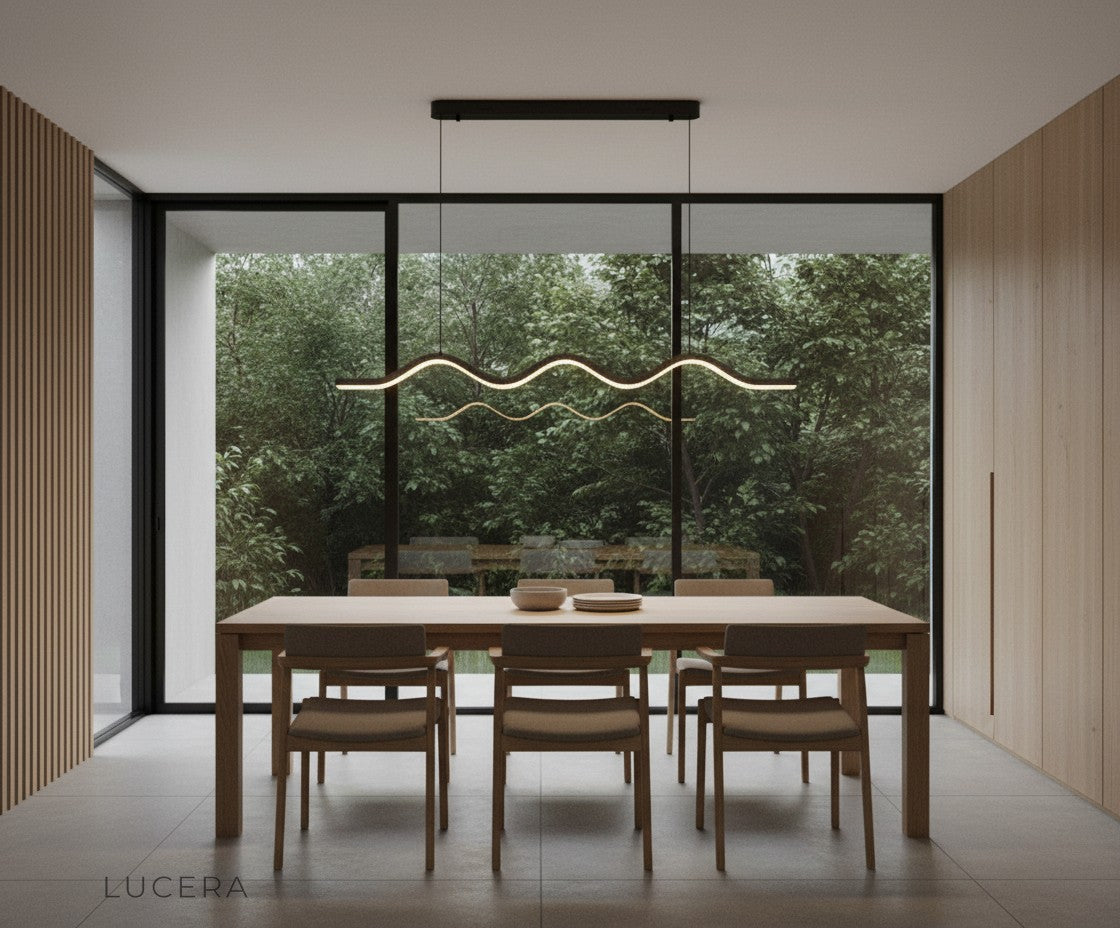 Cordovan wave chandelier in open-concept loft with high ceiling and natural daylight