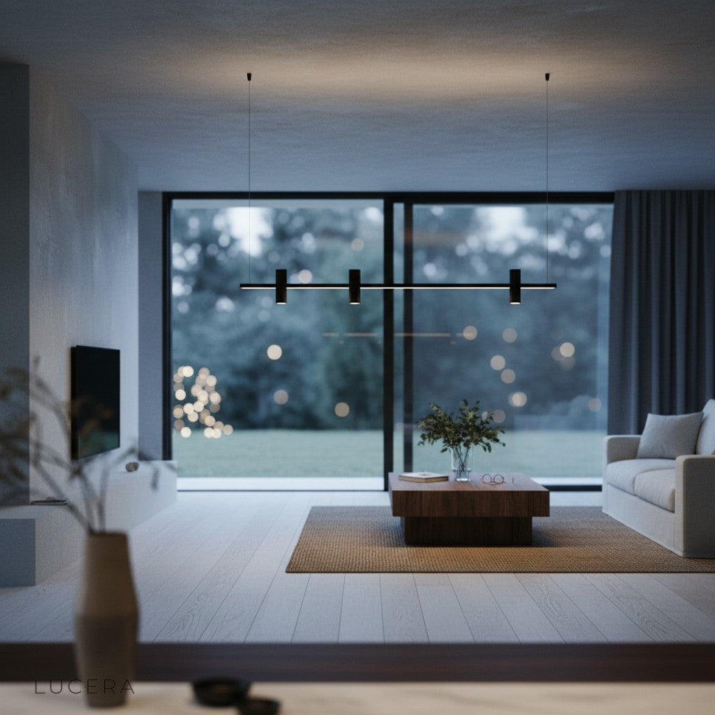 Black copper stone chandelier as focal point in stylish loft with industrial decor